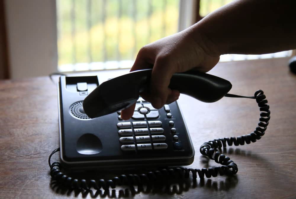 ixed telephone is seen on an office table in the city of Salvador.